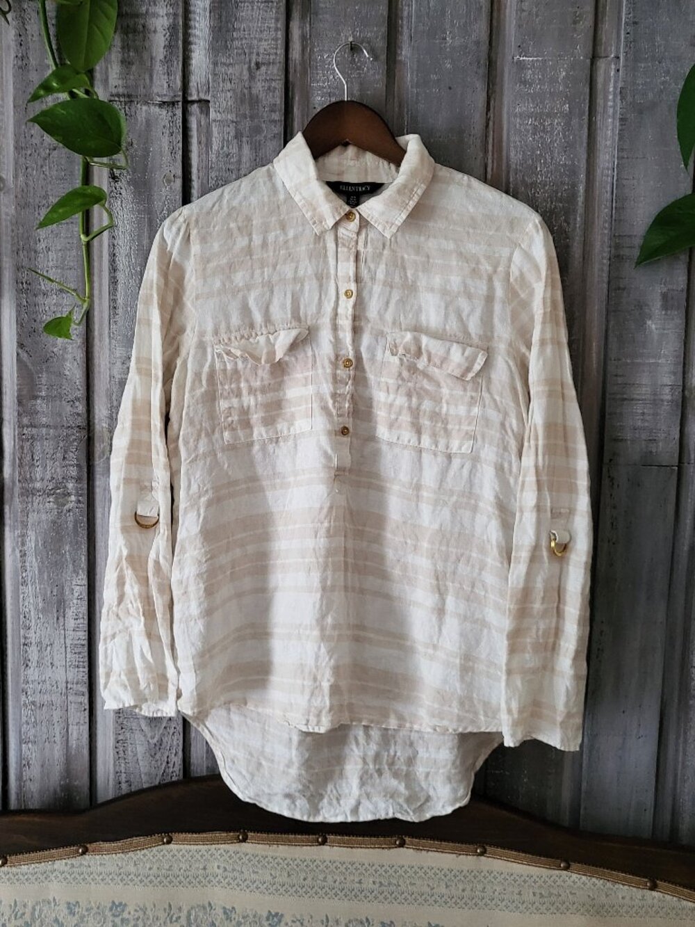 Ellen Tracy Striped 100% Linen Popover Tunic Blouse Beige White Shirt M